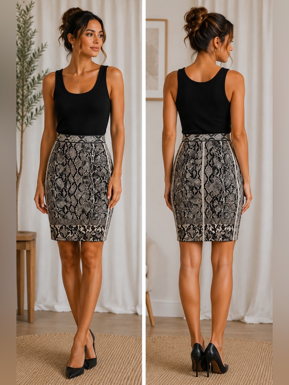 Marc Cain Black & Taupe Snake-Print Pencil Skirt